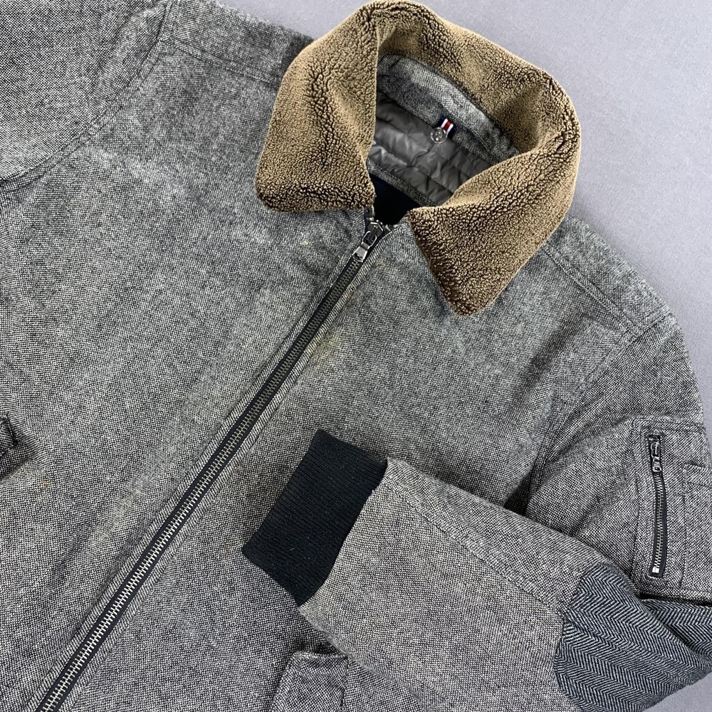 Tommy Hilfiger Jacket Men 2XL Gray Wool Blend Sherpa Collar Bomber Elbow Patches